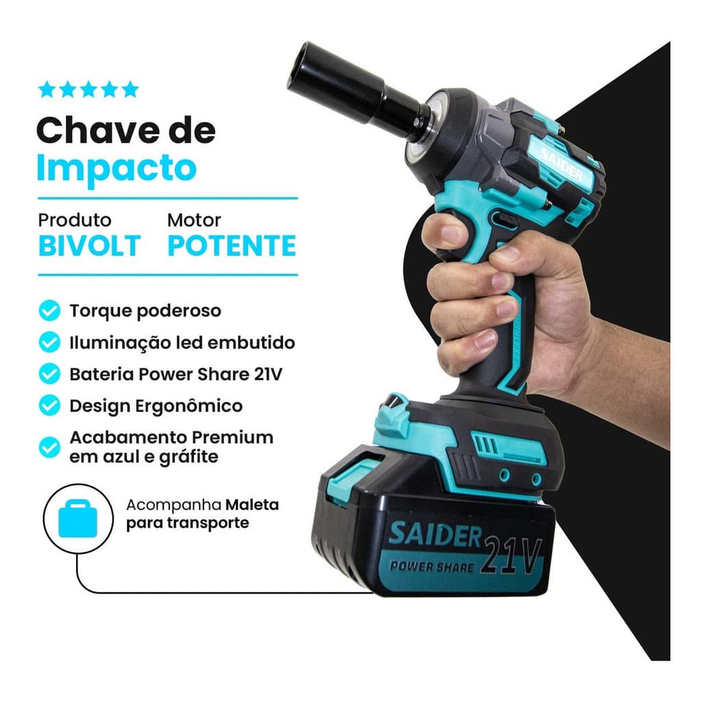 Parafusadeira Chave Impacto Com 2 Baterias 21v Maleta Acessorios Chave de Boca Mandril Fenda Phillips 550Nm