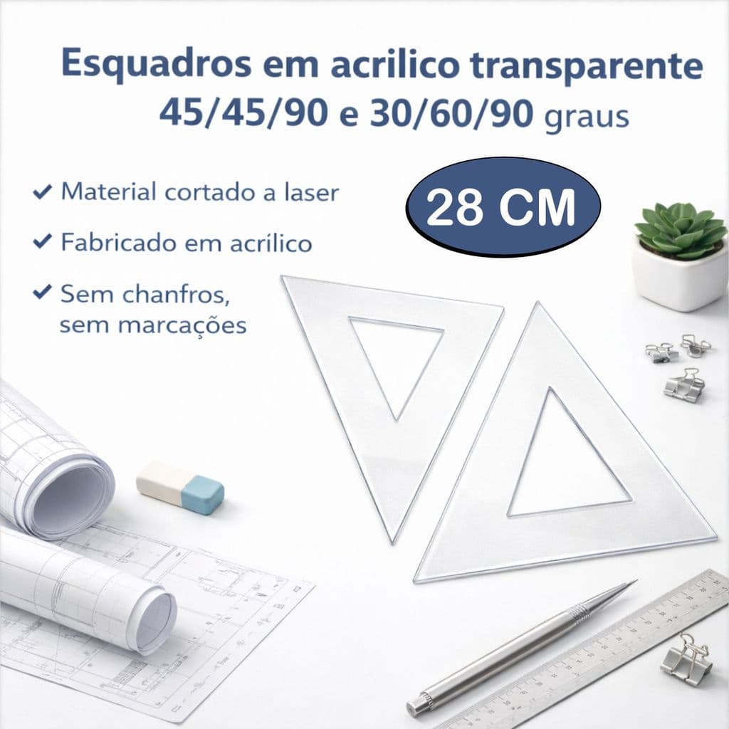 Esquadros Acrílico Profissional 45/30 Desenho Técnico 28 cm