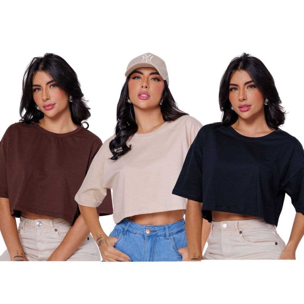 Kit 3 Blusinhas Cropped Feminina Camiseta T-Shirts Soltinhas Estilosas Leve Confortável para Mulhres Moderna e Estilosas