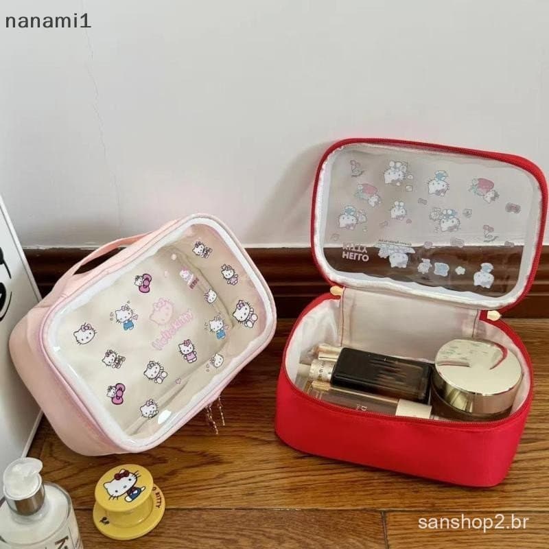 nanami1 Kawaii Hello Kitty Bolsa De Cosméticos Quadrada Transparente Anime KT Maquiagem Portátil Fofa Para Viagem Armaze