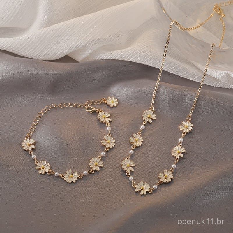 Colar e pulseira com flor de margarida doce e fresca, estilo coreano, design simples e único, acessório de corrente curt