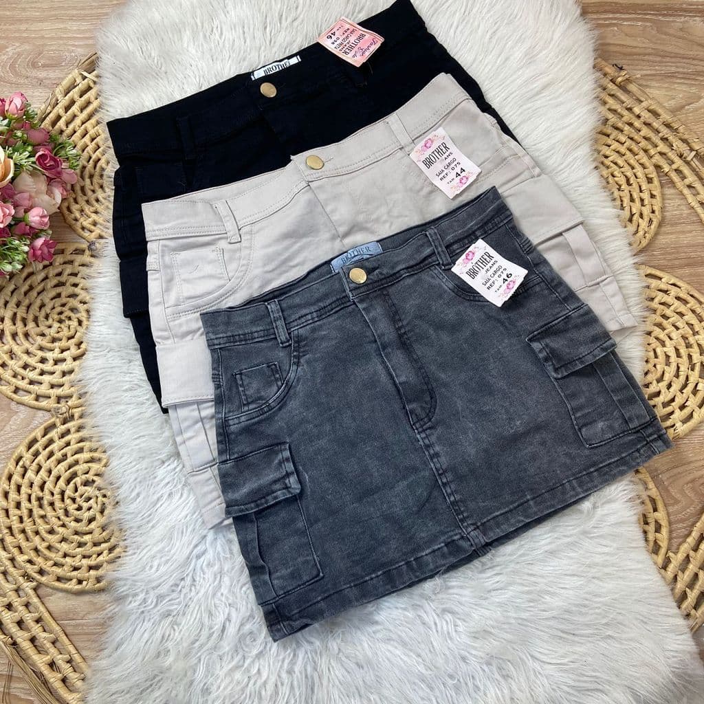 Saia jeans cargo 34 a 46 feminino cós alto curta