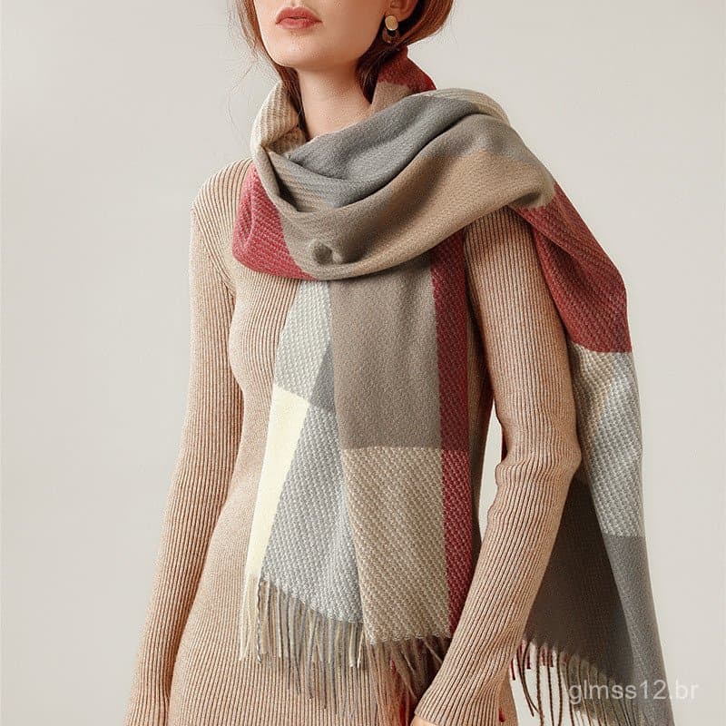 Cachecol xadrez para mulheres, cachecol de imitação de caxemira para outono e inverno, xale xadrez com franjas estilo br