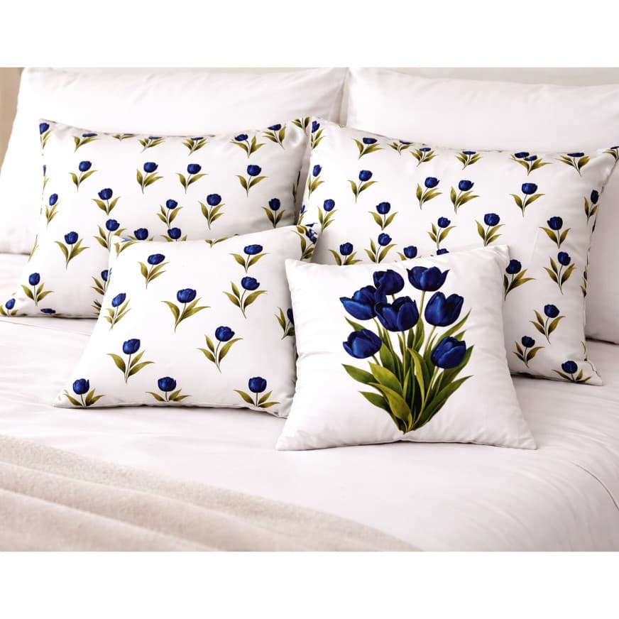 Capa de Almofada 45x45 + Fronha 50x70 Tulipa Azul Floral | Opções | Cama Posta