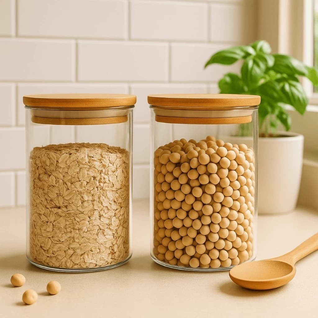 Pote Vidro Tampa Bambu Recipiente Mantimentos Arroz Feijão Biscoitos Armazenar Cozinha