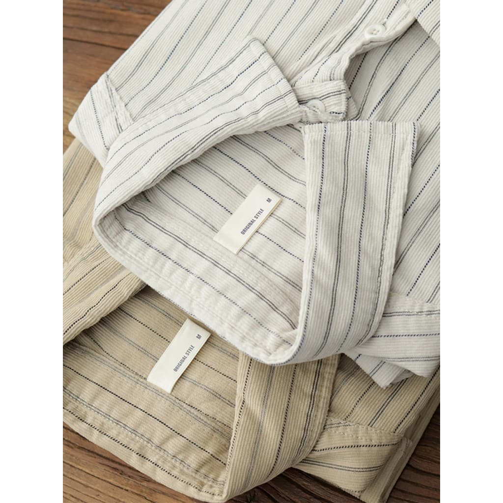 Primavera outono novo estilo japonês masculino feminino listras verticais camisa de manga comprida High-End solto Retro