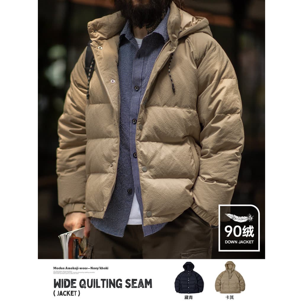 Moderno ferramentas americano Retro largo acolchoado jaqueta 90 pato branco para baixo cáqui com capuz pão jaqueta mascu