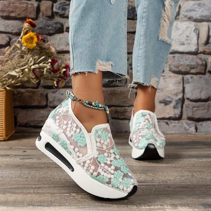 2024 moda feminina fundo plano malha de aumento interno respirável sapatos casuais plataforma de suporte