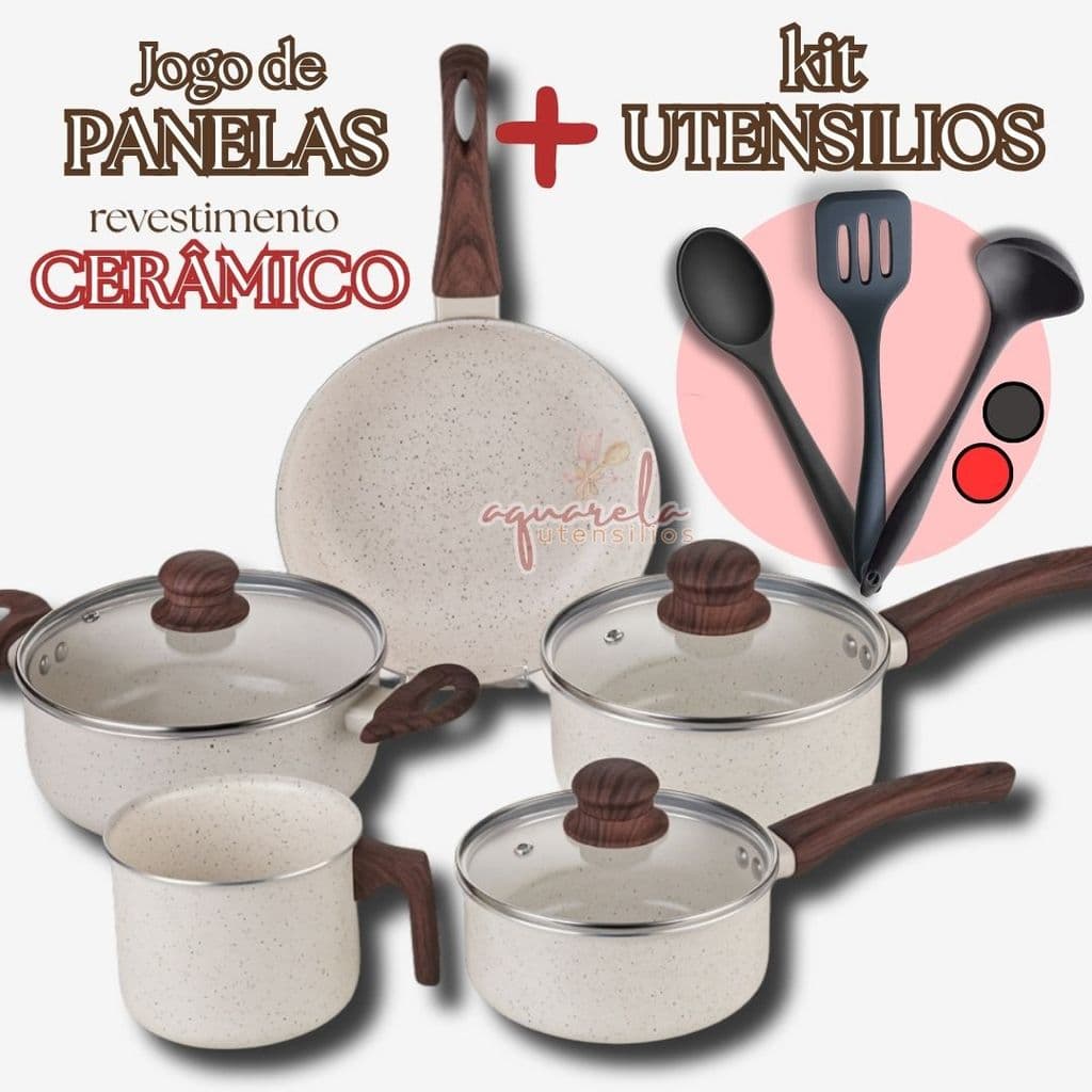 Conjunto de Panelas com Utensilios Silicone Jogo de Panela Antiaderente de Cerâmica Não gruda