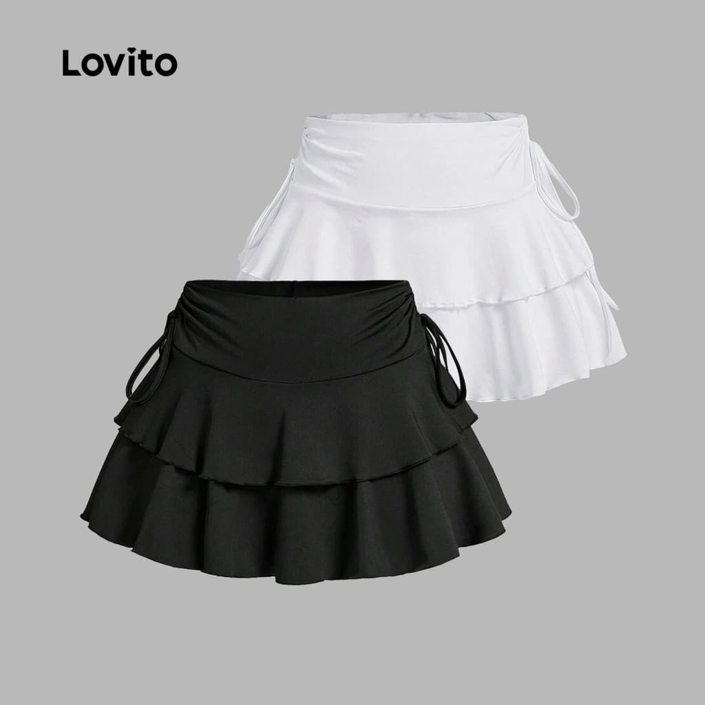 Saia Casual Feminina Lisa Com Cadarço E Bainha Com Babados, Camadas E Babados, Saia De Verão/primavera L133AD424
