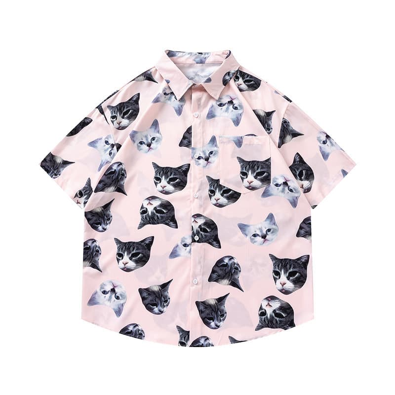 Japonês fresco 2024 verão Real tiro solto Casual bonito gato impressão completa padrão exclusivo camisa de manga curta