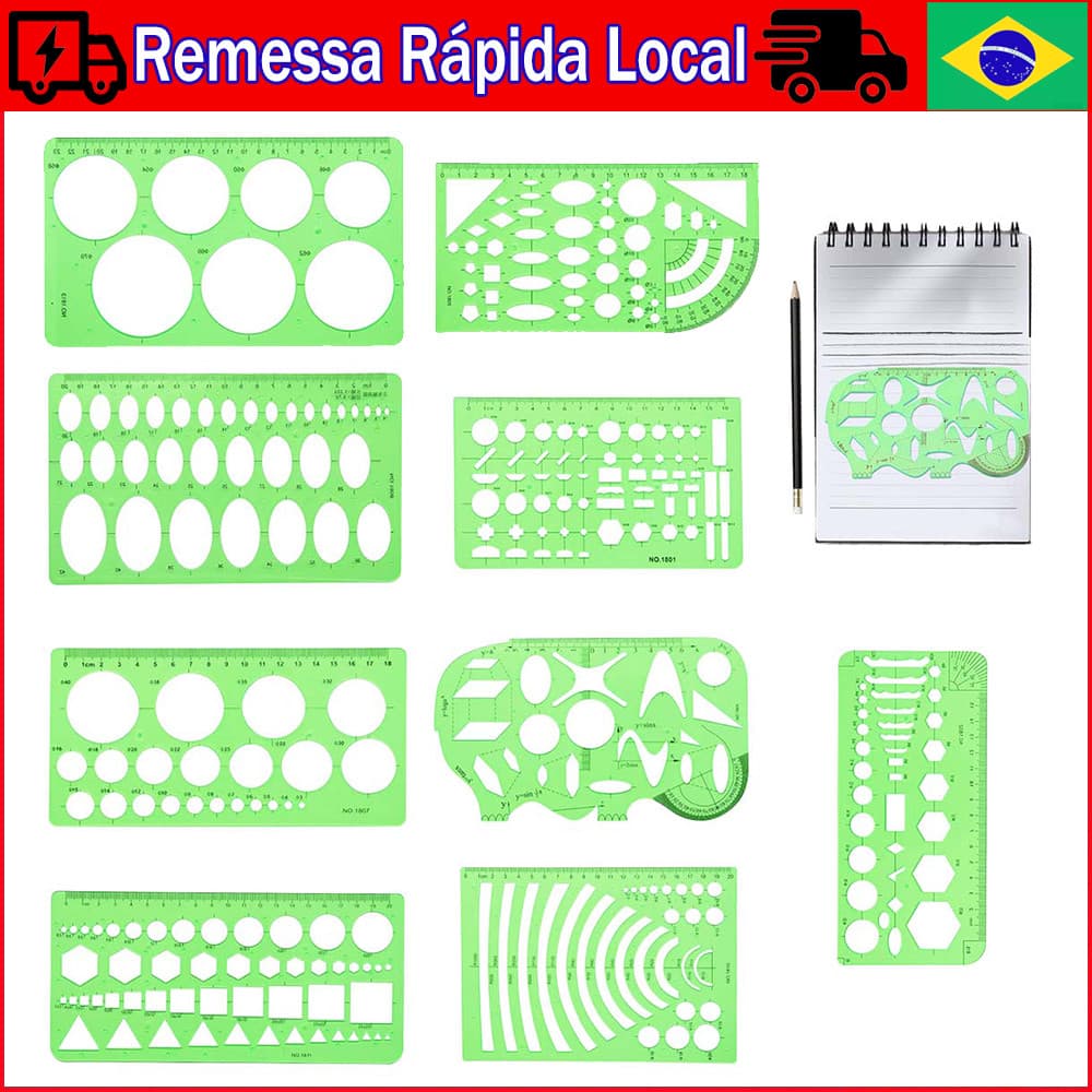 9 Peças ferramentas de desenho, modelos de círculos, régua de elipse de medição, estênceis de desenho geométricos