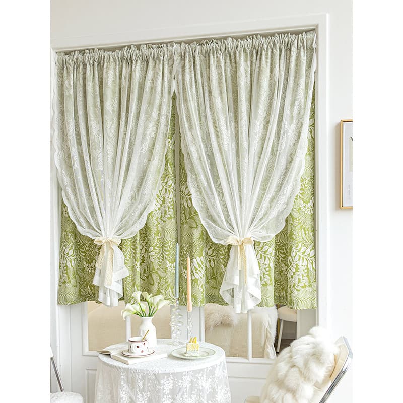 Influenciador francês Retro dupla camada cortina verde Floral Pastoral coreano renda porta cortina quarto estudo ins fre