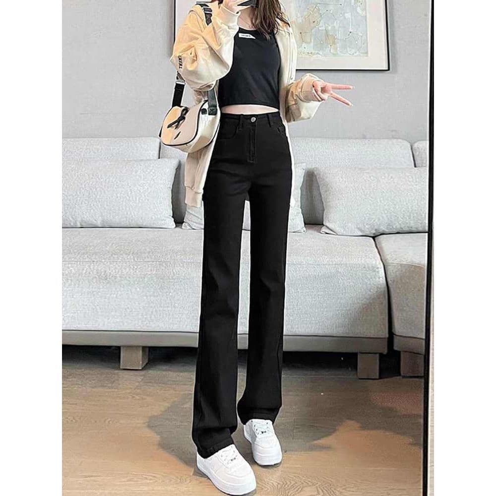 Preto em linha reta Jeans feminino versão estreita 2024 novo estilo outono pequeno cintura alta reta cigarro calças femi