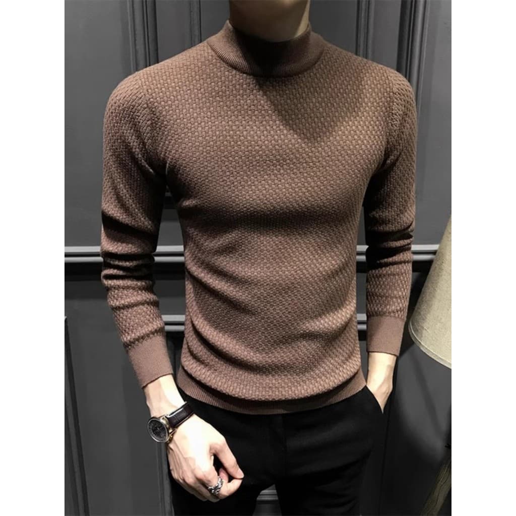 Outono inverno meia gola alta camisola masculina 2024 novo estilo inverno fino ajuste meados de pescoço de malha camisa
