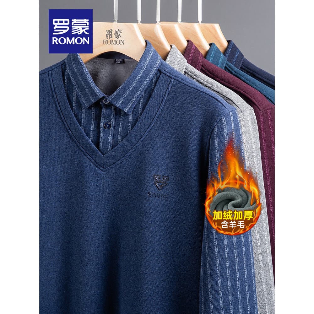 [Queda direta]] [Incluindo calor de lã de lã] Suéter masculino falso de duas peças Romon Suéter engrossado de inverno
