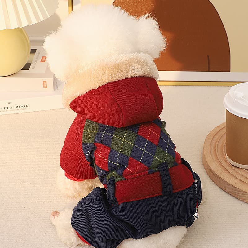 Cão estilo grosso roupas de lã verificado com capuz roupas de algodão roupas de inverno diamante inverno roupas de quatr