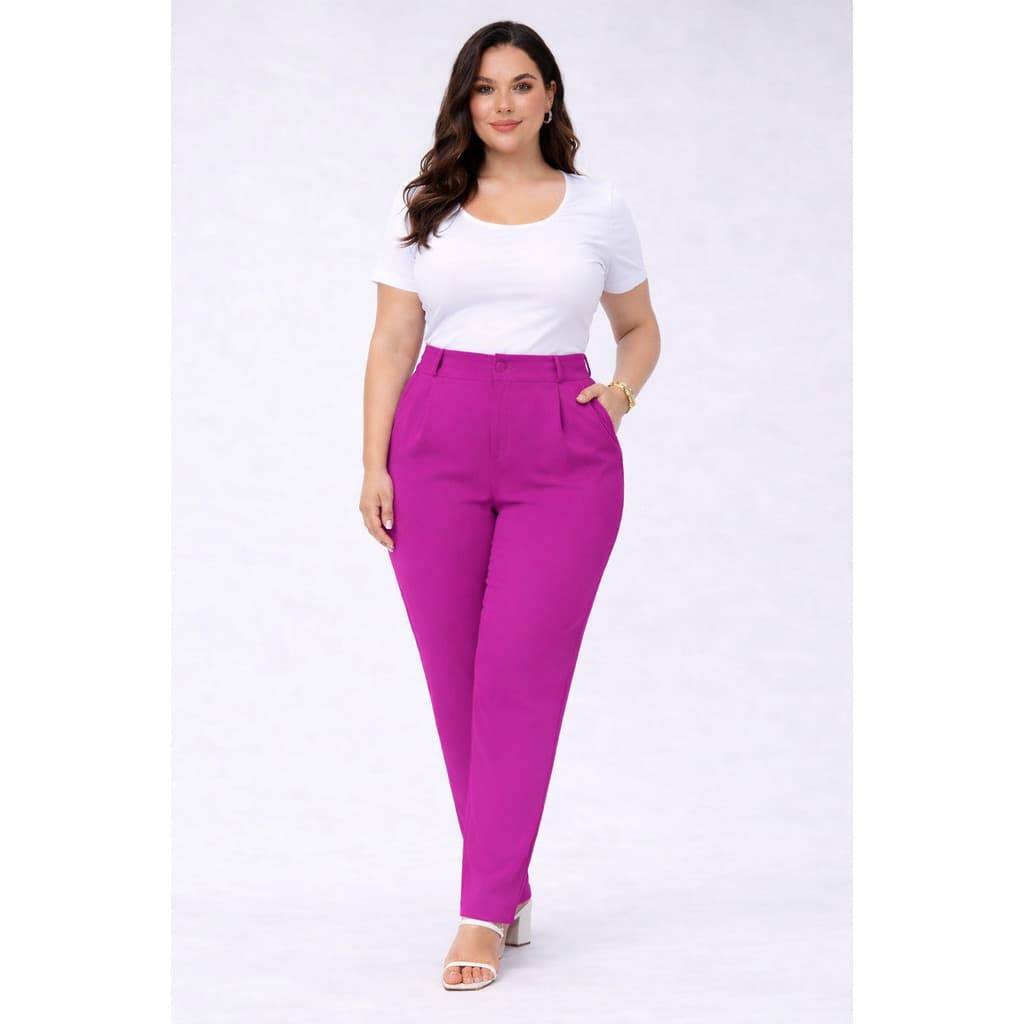 Calça Alfaiataria Feminina Slim Cintura Alta Social e Casual com Zíper e Botão G ao G3