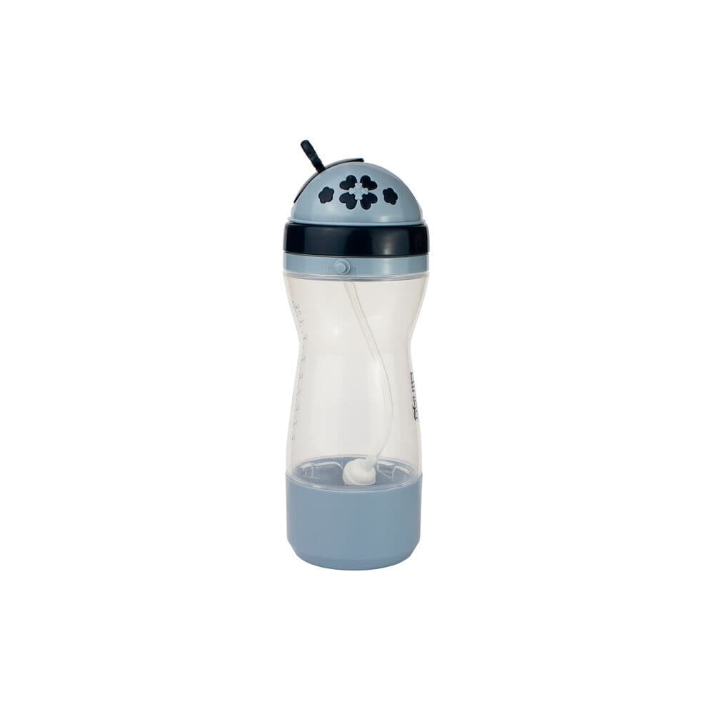 Garrafa Travel com Porta-Lanchinho e Canudo Retrátil Silicone 380ml Anti-Vazamento - Azul