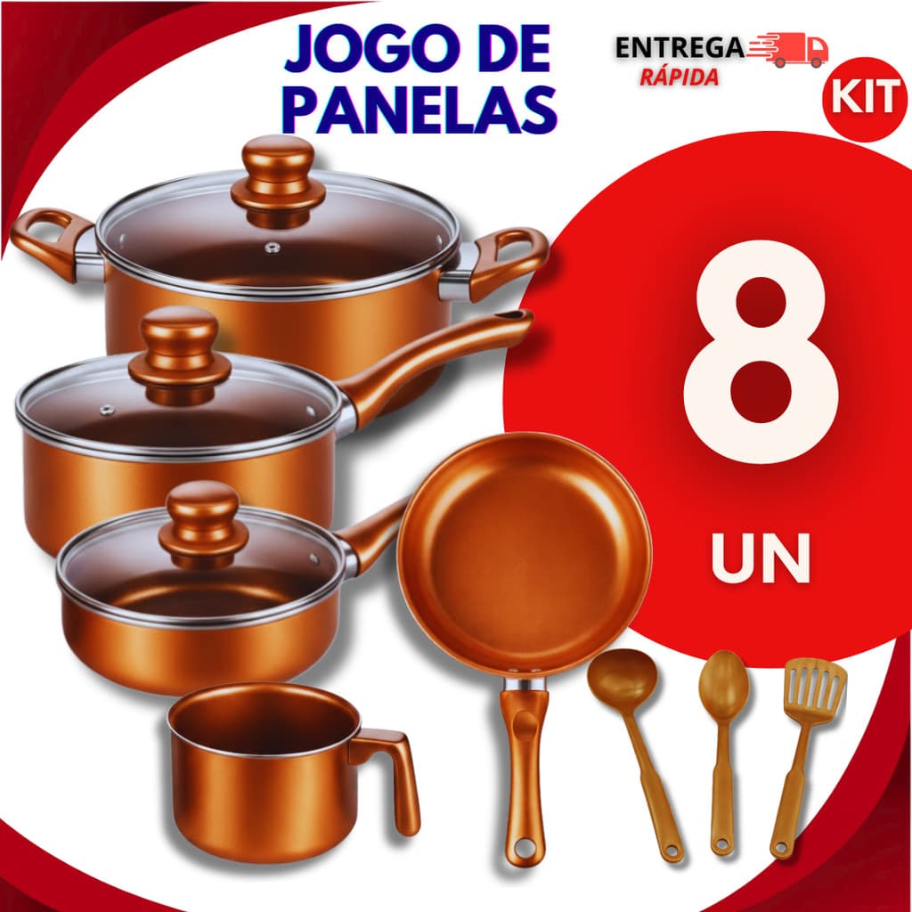 Jogo 08 Peças Panelas Caçarolas com Tampa Vidro Antiaderente Leiteira e Frigideira  Estilo Cobre + Utensílios