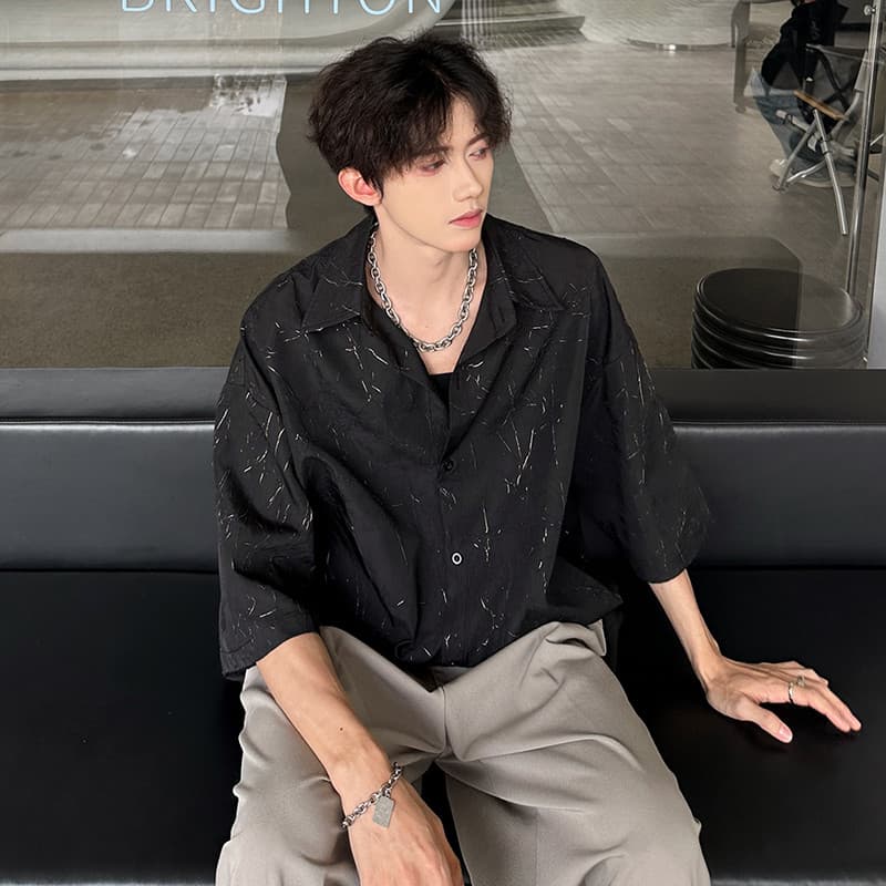 Verão estilo nacional texturizado Metal nicho camisa masculina de manga curta rufião bonito High-End solto Drape camisa