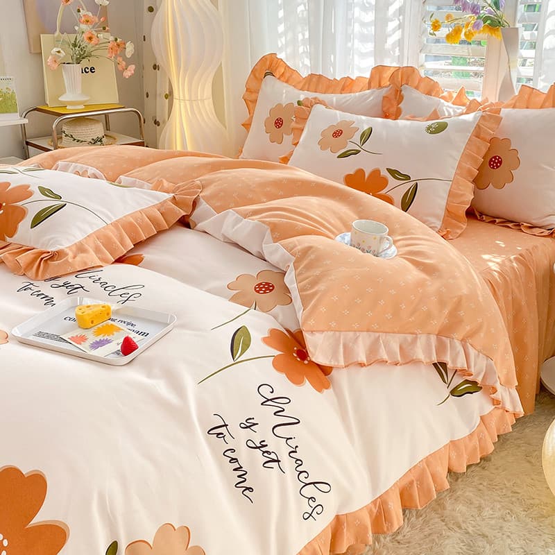Coreano menina coração princesa conjunto de quatro peças estilo influenciador saia de cama estilo lavado colcha capa de