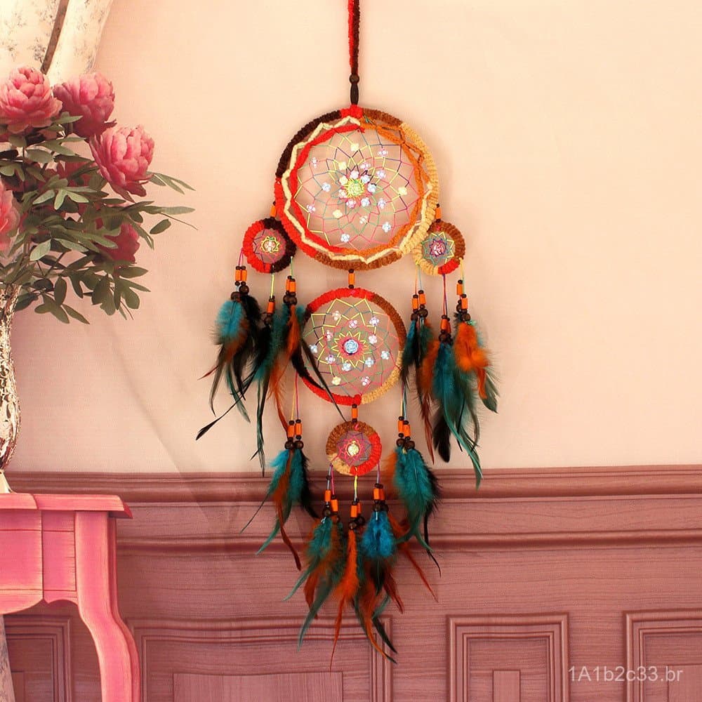 Apanhador de Sonhos Colorido com Cinco Anéis de Penas, Decoração Aconchegante para Interiores, Sino de Vento para Cabece