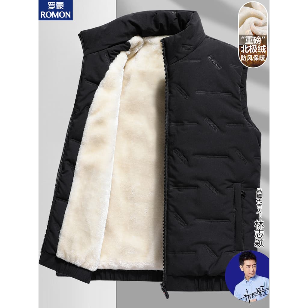 Romon outono inverno para baixo colete de algodão estilo masculino escovado engrossado colete térmico cordeiro velo sem