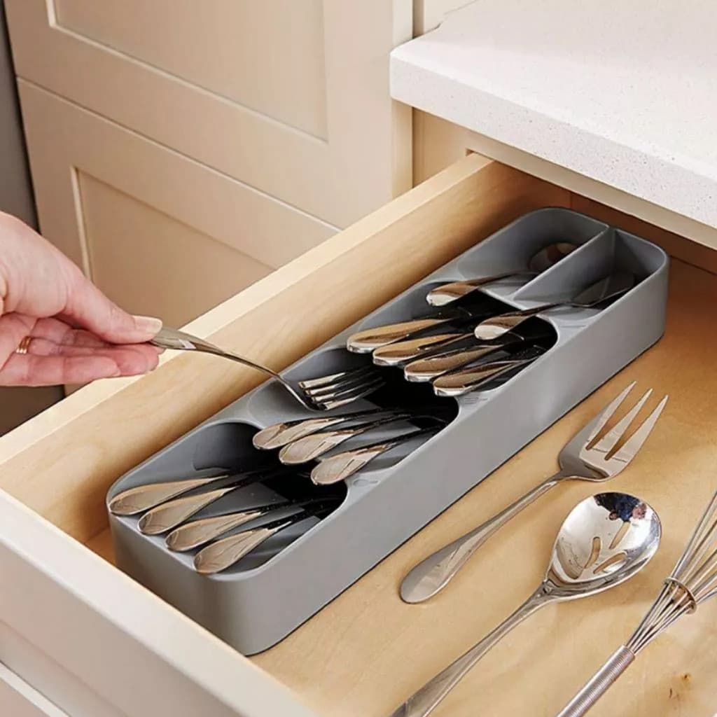 Organizador Gaveta Porta Talheres Cinza Divisórias Ajustáveis Cozinha Faca Colher Garfo Prático
