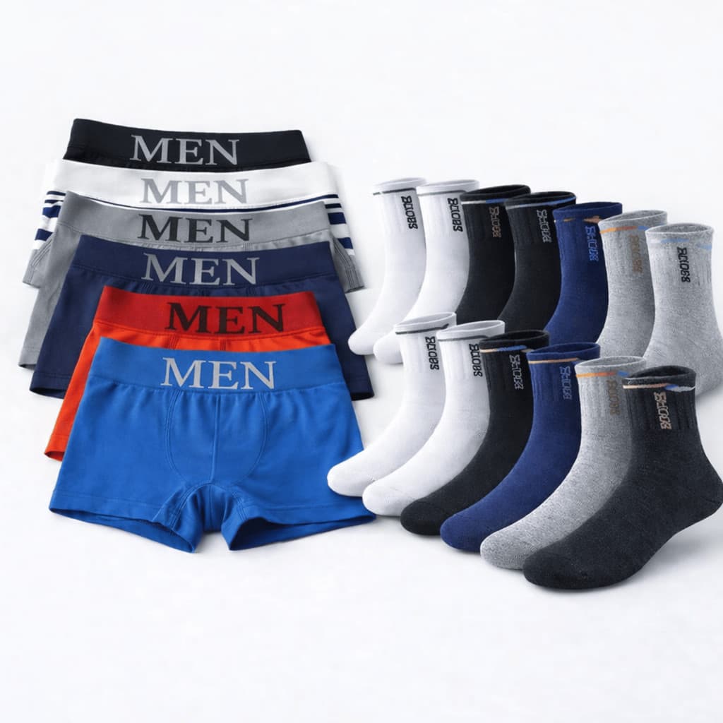 Kit 10 Cuecas Box Boxer  + 6 Pares de Meias Sport  ou Kit 6 Cuecas + 6 Pares de Meias Confort Uso Diario