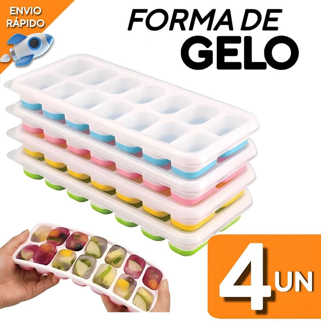 Jogo Forma De Gelo Fundo Silicone 14 Cubos Tampa Rígida - Cores Sortidas