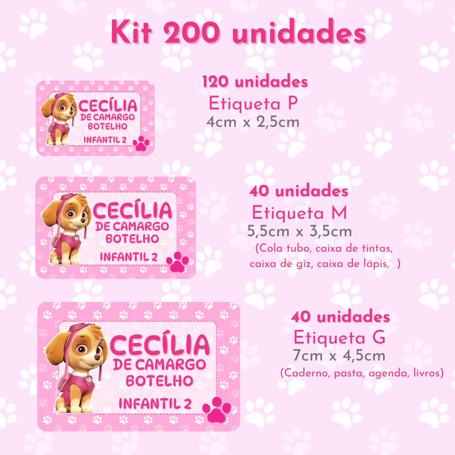Etiquetas Escolares Skye Patrulha Canina | Volta às Aulas | Material Escolar | Etiqueta para Lápis Caneta Caderno