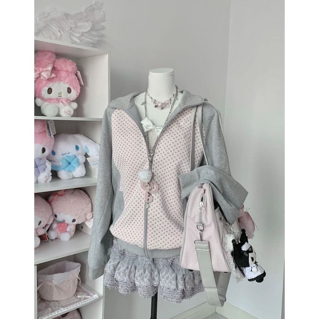 Mulheres Y2K Dot Hoodies Moda Doce Contraste Cor Casual Cardigan