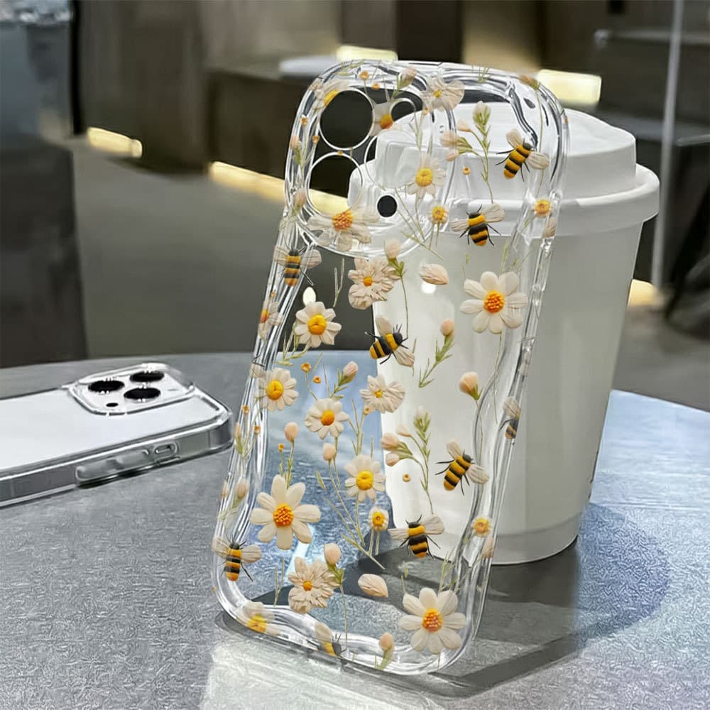 Capa Capinha Para iPhone 17 Ar 16 15 14 Plus 13 12 11 Pro Max XR Silicone Transparente Flor Cheia Abelha