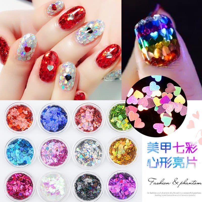Lantejoulas ultrafinas em formato de coração iridescente de 12 cores para arte em unhas, glitter iridescente a laser, de