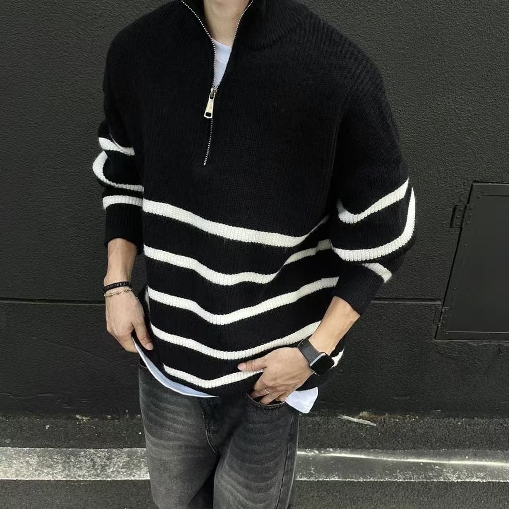 Suéter masculino de gola alta com meio zíper, estilo preguiçoso, retrô, listrado, pulôver, outono inverno, jaqueta de ma