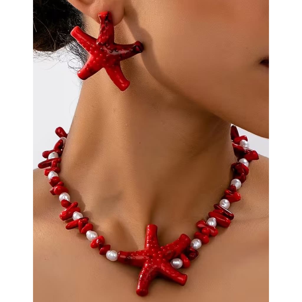 Conjunto Colar e Brincos Pérolas Estrela do Mar Vermelho