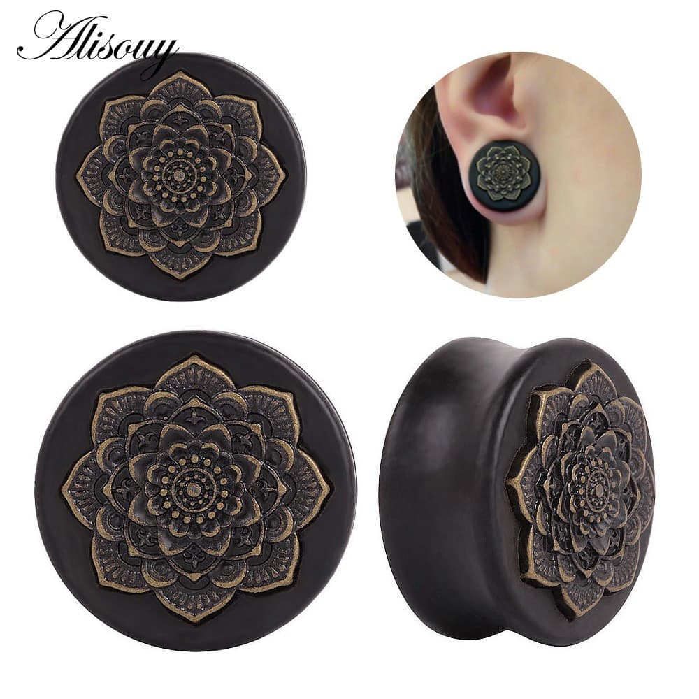 Alisouy Novo Conjunto de 2 Peças, Expansor de Orelha em Madeira Natural Preta com Flor Mandala