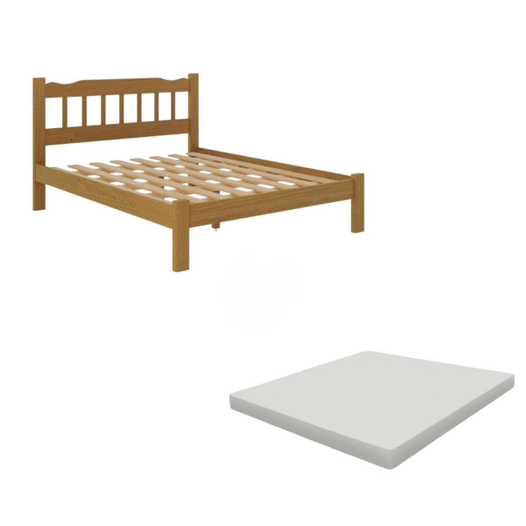 Cama de Casal Queen em Madeira Maciça Nogueira com Colchão Repleta
