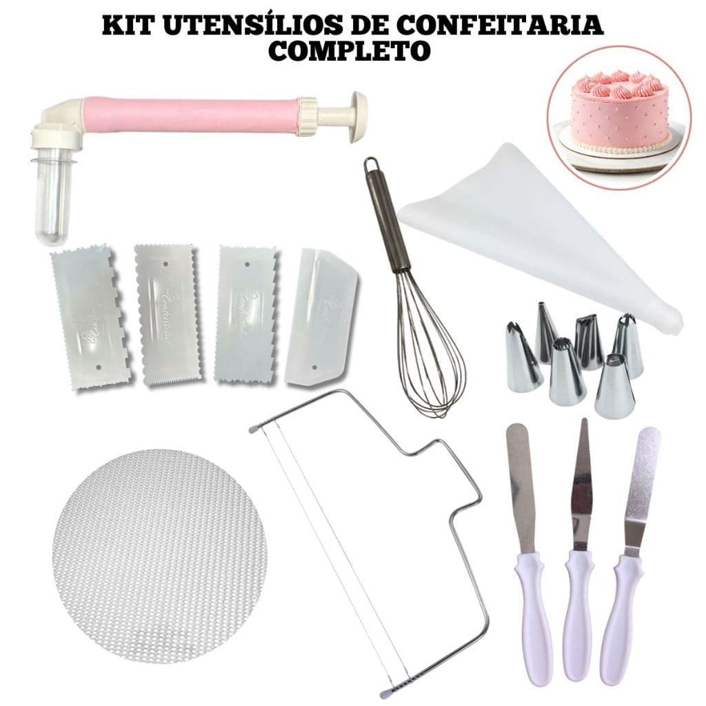 Kit Completo de Utensílios para Confeitaria Espátulas Inox Raspador Nivelador Bicos Saco