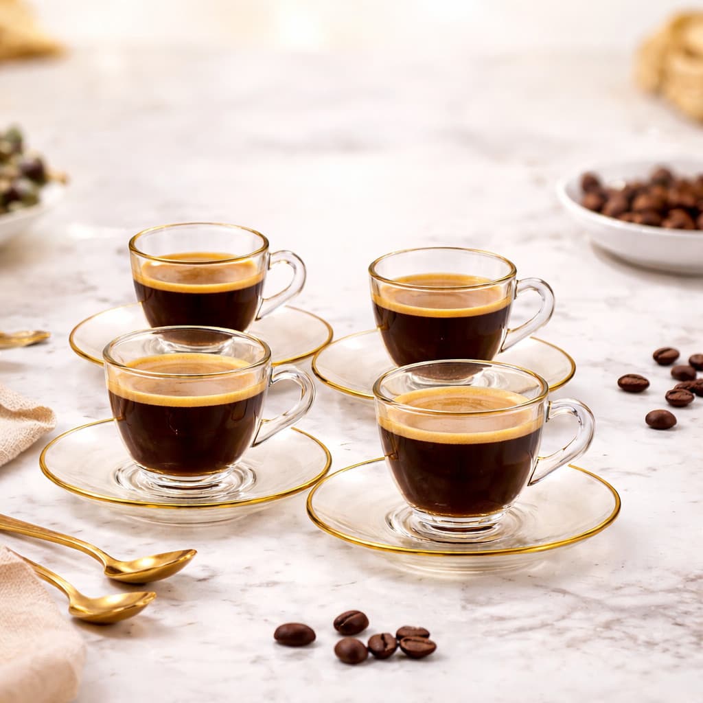 Jogo De 4 Xicaras  Vidro Com Borda Dourada Luxo + Pires Para Café Hauskraft Premium 90ml