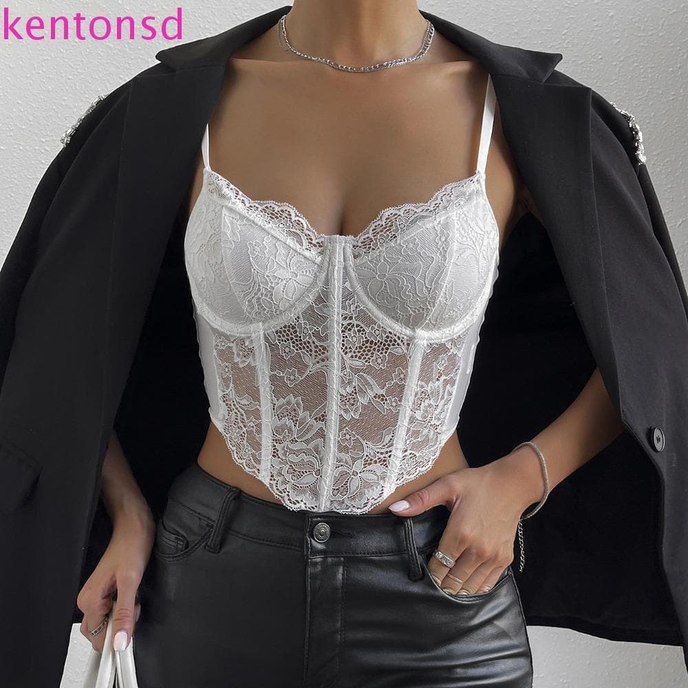 Camisola de Renda KENTONSD, Corset Slim Fit com Detalhes Vazados, Top Sem Mangas Elegante e Doce, Tops Curtos para Prima
