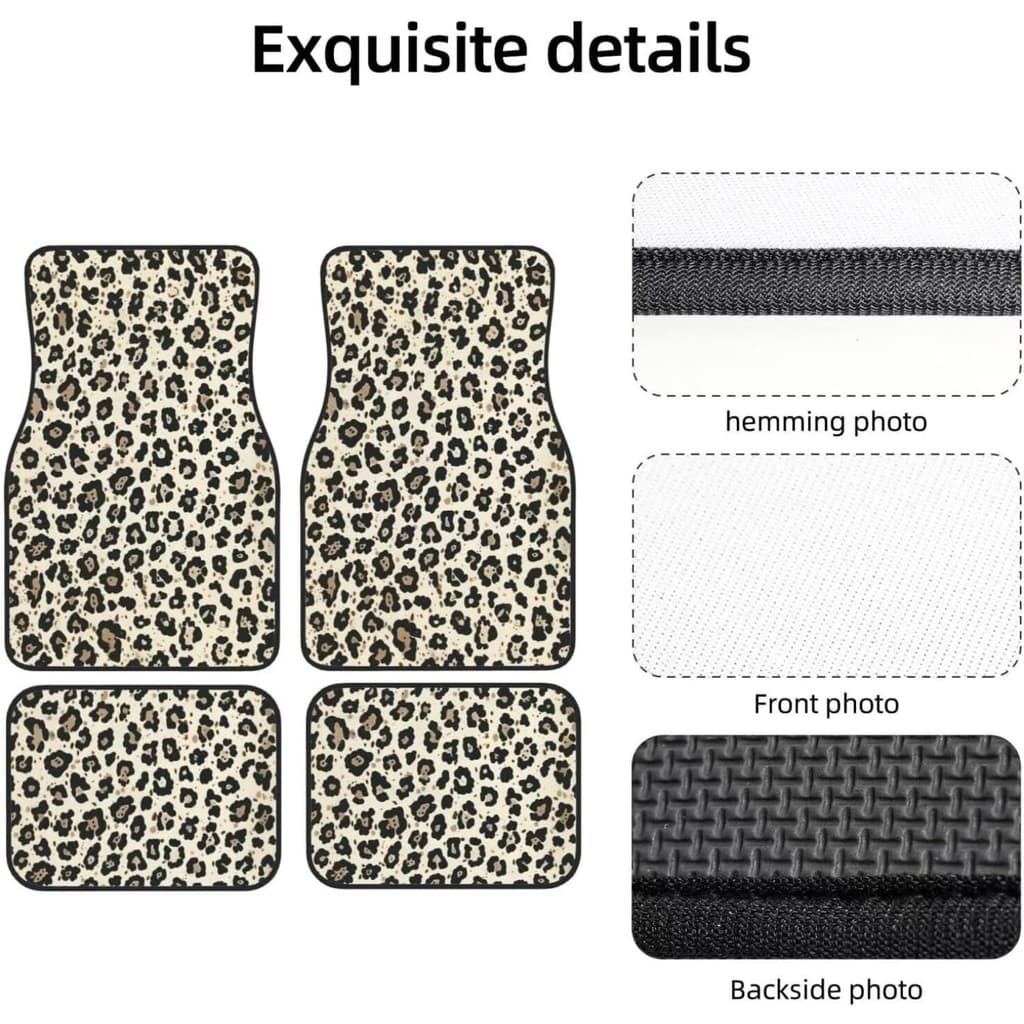 Conjunto de 4 peças de tapete para pés de carro, forro traseiro de borracha antiderrapante | Estampa de leopardo marrom,