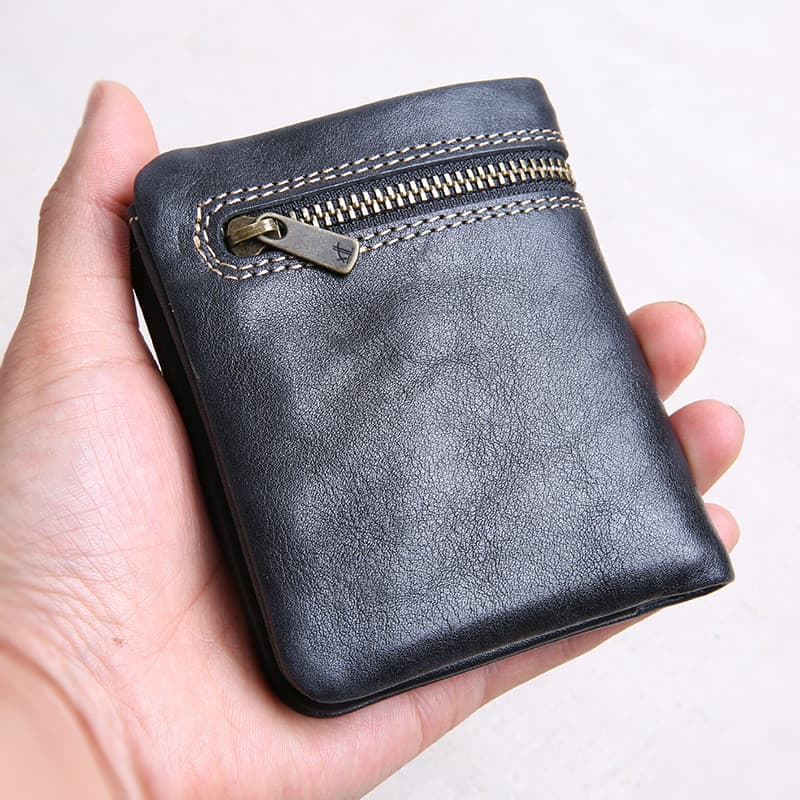 Carteira masculina de couro curto com zíper Ultra-fino artesanal carteira de couro Mini pequena carteira feminina estuda