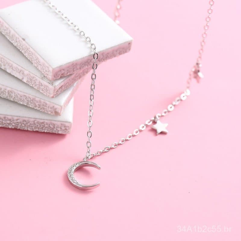 Colar de prata 925 para mulheres, estilo coreano, delicado e fofo, com pingentes de estrela e lua, corrente curta para c