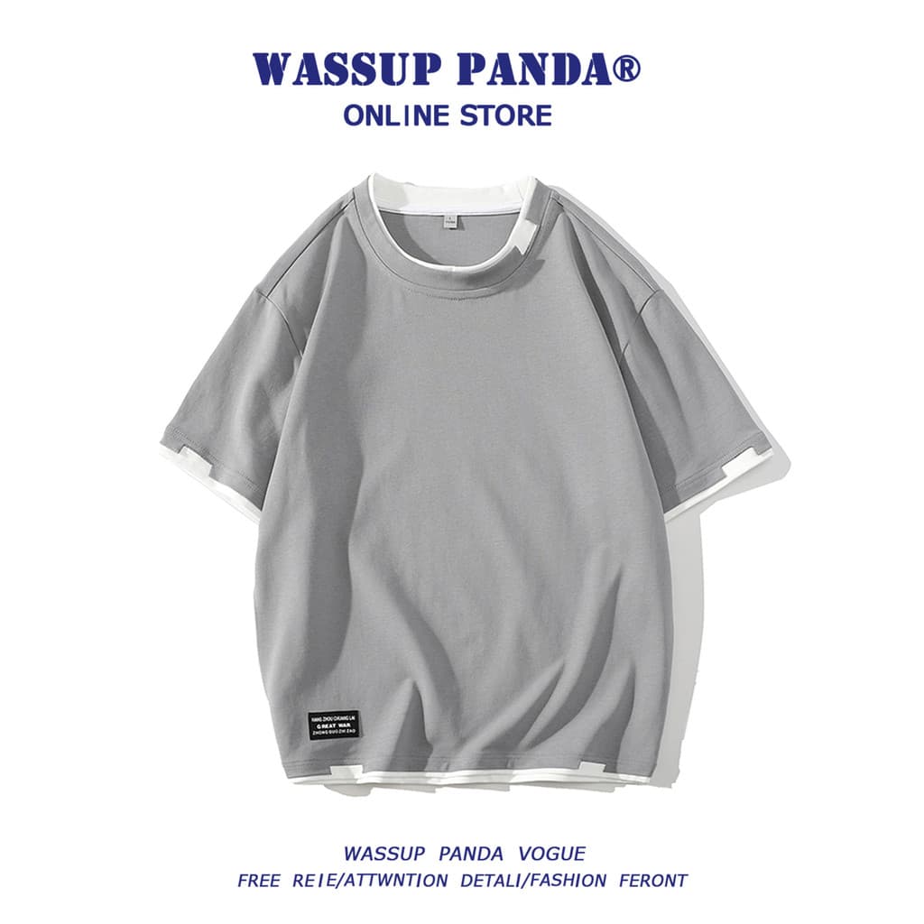 WASSUP PANDA Simples Puro Algodão Falso Duas Peças de Manga Curta Camiseta Masculina Verão Street Wear Solto Em Torno Do