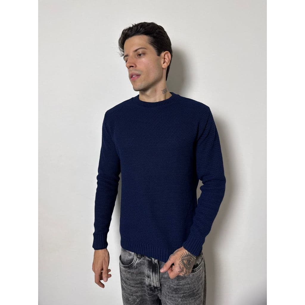 Blusa Suéter Masculino Tricot Lã Gola Redonda Colmeia