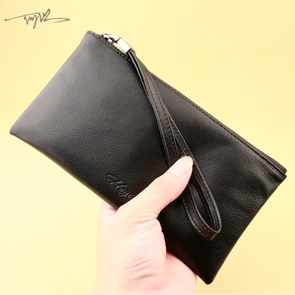 Carteira masculina de couro genuíno, zíper longo, embreagem fina, primeira camada, Casual, jovem, bolsa para celular, ve