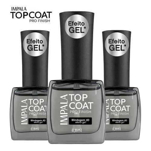 IMPALA Kit 3 Esmaltes LANÇAMENTO Top Coat Pro Finish Efeito Gel Blindagem 4D Longa Duração Original Manicure Pedicure