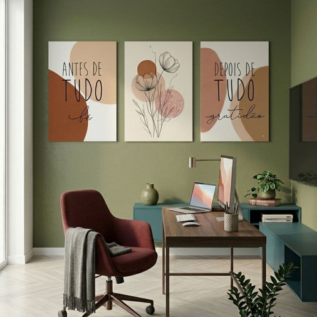 Kit Quadros Decorativos Kit 3 Peças Para Parede Floral Boho Elegante Moderno Sala Quarto Escritório